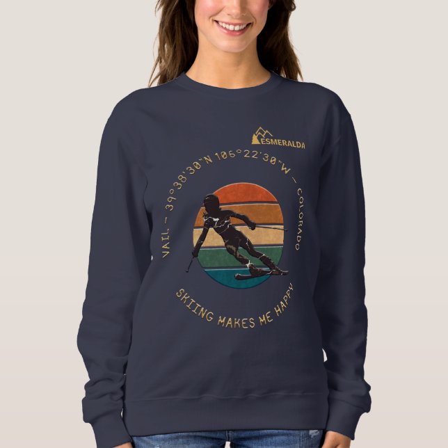 Ski Vail, Colorado - Woman Skier, Golden Text T Shirt (Framsida)