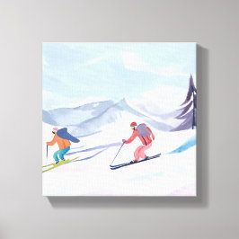 Ski-vänner | Vacker akvarell skidfjäll Canvastryck