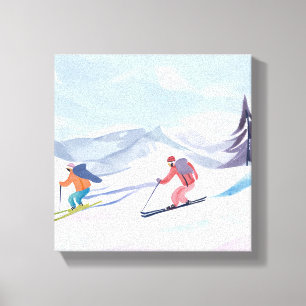 Ski-vänner Vacker akvarell skidfjäll Canvastryck