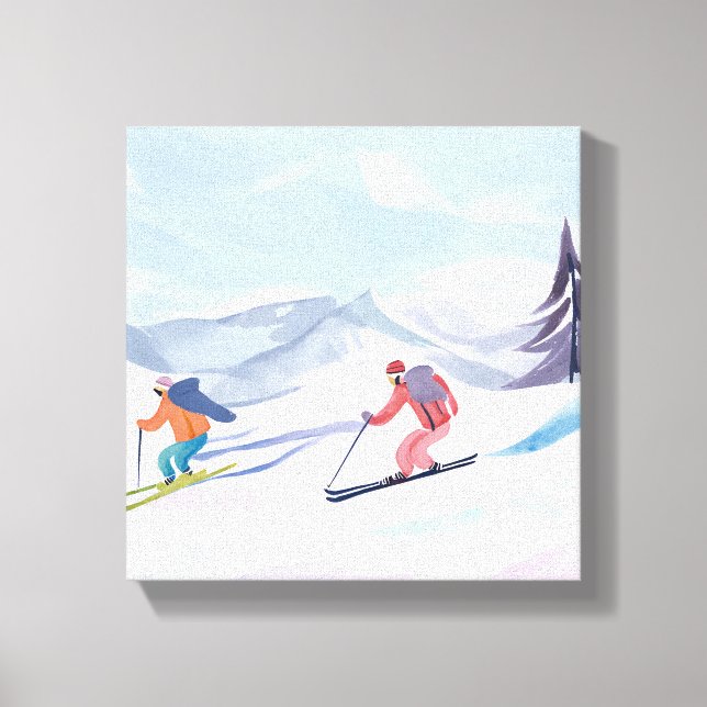 Ski-vänner | Vacker akvarell skidfjäll Canvastryck (Framsida)