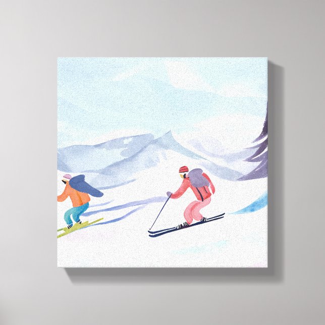 Ski-vänner | Vacker akvarell skidfjäll Canvastryck (Framsida)