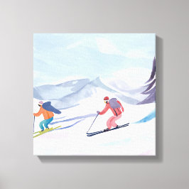 Ski-vänner | Vacker akvarell skidfjäll Canvastryck