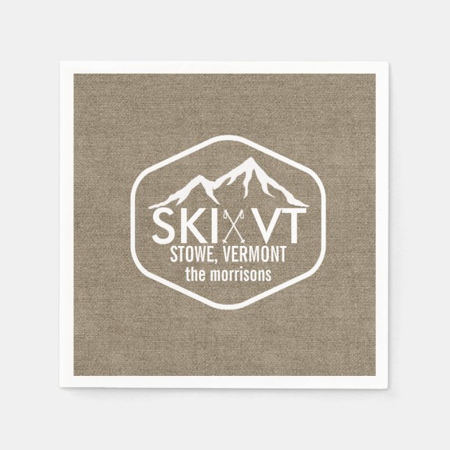 Ski Vermont Stowe Snö Mountain Rustic Burlap Pappersservett (Framsidan)