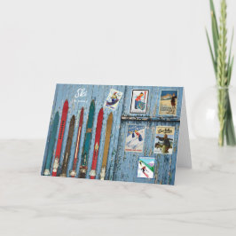 Ski World Colorful Vintage Wood Skis Helgkort