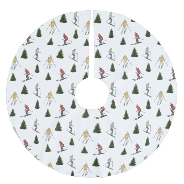 Skiande kvinnor och ädelgranar vinter jul julgransmatta borstad polyester (Framsidan)