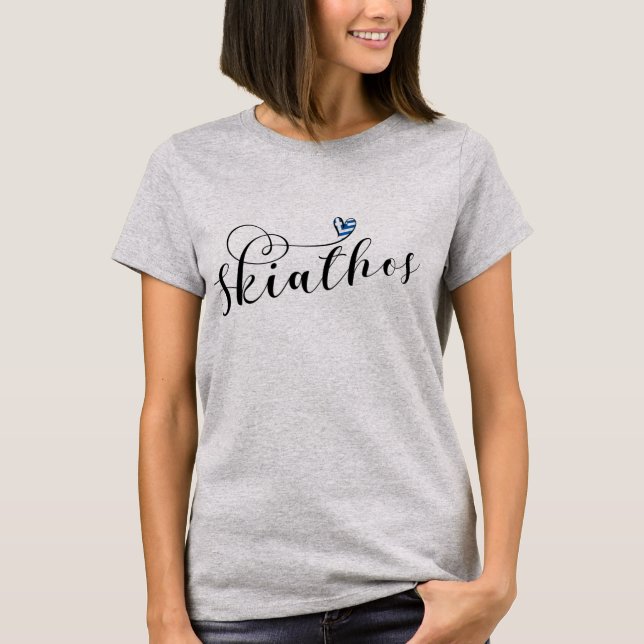 Skiathos hjärtdesign med grekisk Flagga T Shirt (Framsida)