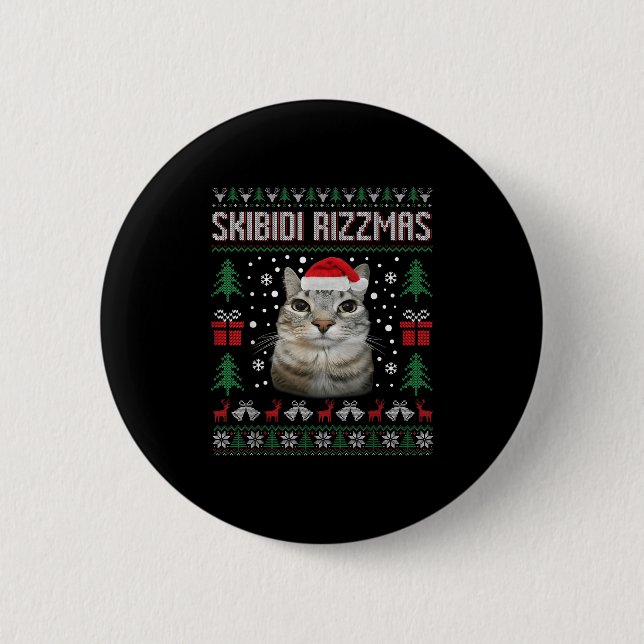 Skibidi Rizzmas Funny Silly Staring Cat Ugly Sweat Knapp (Framsida)