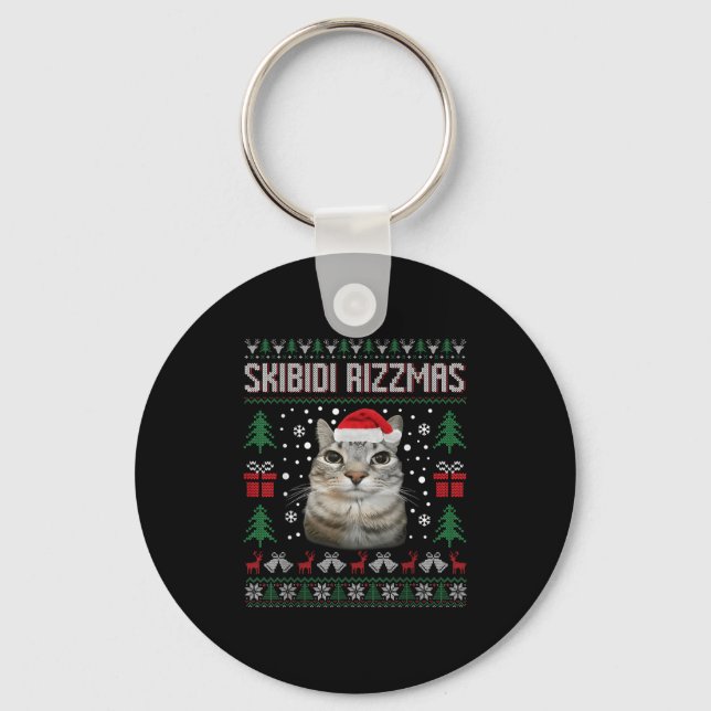 Skibidi Rizzmas Funny Silly Staring Cat Ugly Sweat Nyckelring (Framsida)