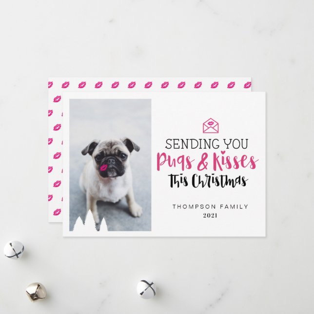 Skicka dina Pugs & Kisses Cute Pug-Hund och kyssar Julkort (Fram/Back In Situ)