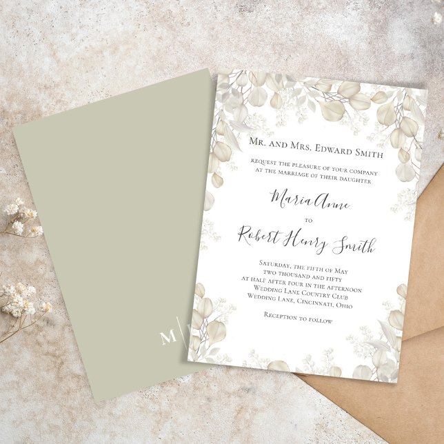 Skicka Grönt Elegant bröllop formellt Inbjudningar (Simple and elegant sage green and cream foliage wedding invitation.)