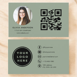 Skicka Grönt Modern Minimalist Photo med QR-kod Visitkort