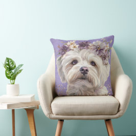 SKICKA LITEN MALTESE PUPPY HUND MED LILA BLOMMOR KUDDE