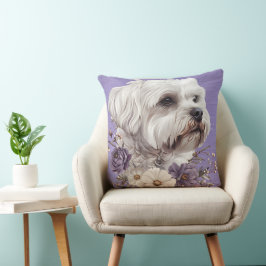SKICKA LITEN MALTESE PUPPY HUND MED LILA BLOMMOR KUDDE
