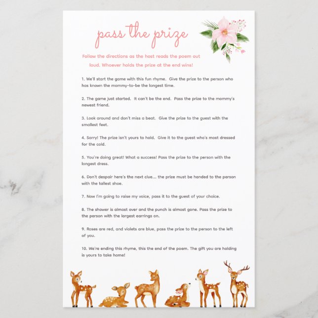 Skicka priset Baby Shower Game Rosa Blommigt Hjort (Framsida)
