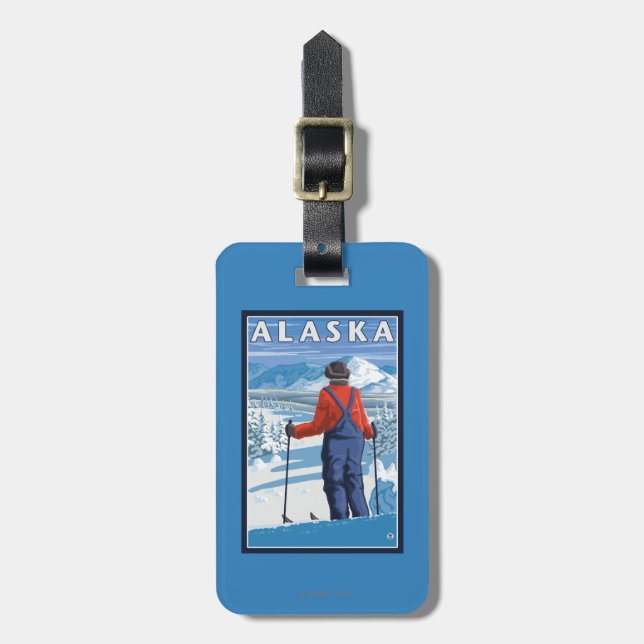Skida i Alaska vintage resoraffisch Bagagebricka (Vertikal Framsida)