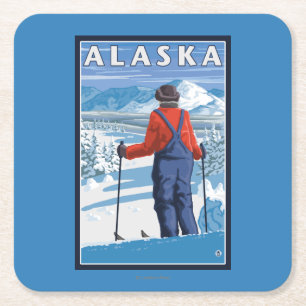 Skida i Alaska vintage resoraffisch Underlägg Papper Kvadrat