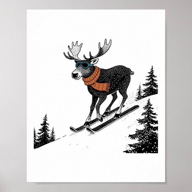 Skidåkande Älg – Rolrig Vinterberg, Skidluttning F Poster (Framsidan)