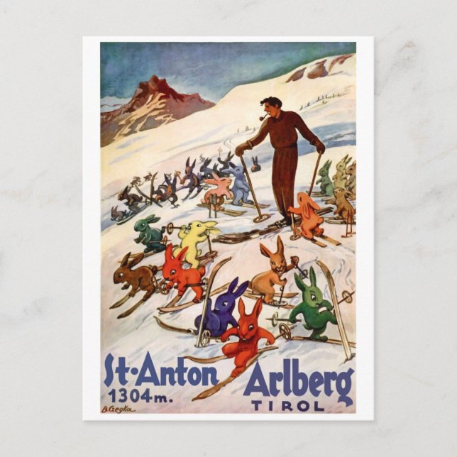 Skidåkande kaniner i St. Anton, Tyrolen, Österrike Vykort (Framsida)