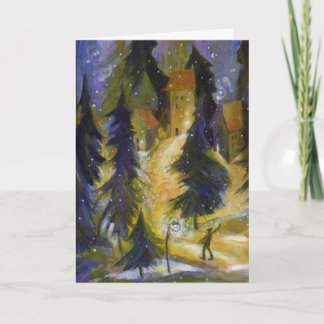 Skidåkare Vinter By Natt Kort