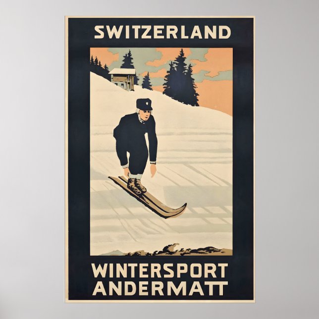Skidåkning Alperna Andermatt Schweiz Vintage Resa Poster (Framsidan)