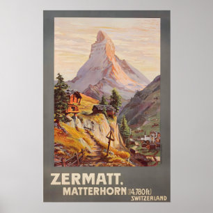 Skidåkning Alperna Zermatt Schweiz Vintage Resa Poster