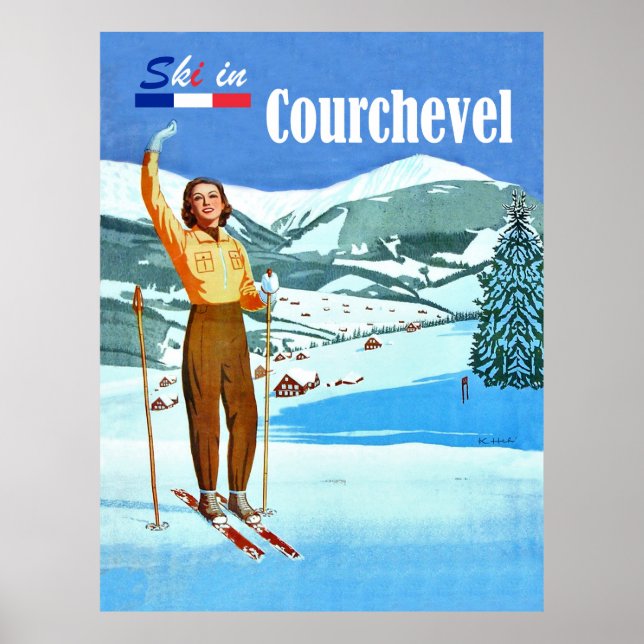 Skidåkning i Courchevel, kvinna på skidor, Frankri Poster (Framsidan)