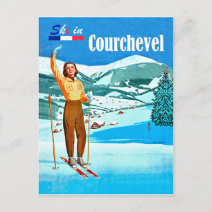 Skidåkning i Courchevel, kvinna på skidor, Frankri Vykort