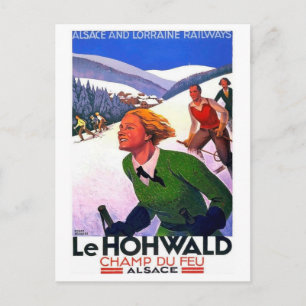 Skidåkning i Le Hohwald, Alsace, Frankrike, vintag Vykort