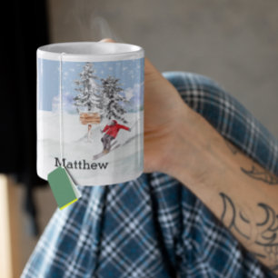Skidåkning Skidåkare Snö Personlig Akvarell Namn Kaffemugg