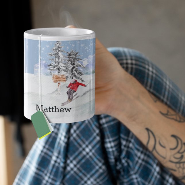 Skidåkning Skidåkare Snö Personlig Akvarell Namn Kaffemugg (Skapare uppladdad)