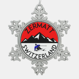 Skidåkningen Zermatt Schweitz skidar Snöflinga Pewter Julgransprydnad