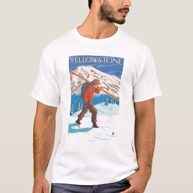 Skidar bärande snö för skieren - den Yellowstone Tee Shirt (Framsida)