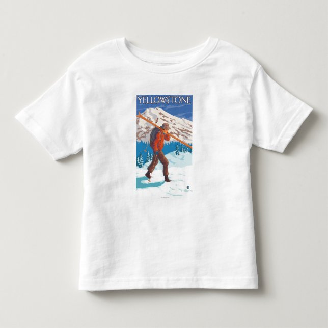 Skidar bärande snö för skieren - den Yellowstone Tee Shirt (Framsida)