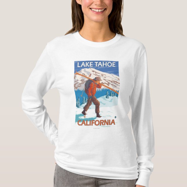 Skidar bärande snö för skieren - Lake Tahoe, Tee (Framsida)