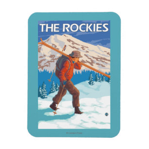 Skidar bärande snö för skieren - Rockiesna Magnet