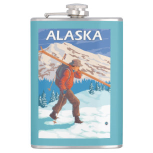 Skidar bärande snö för skieren vintage resor 3 fickplunta
