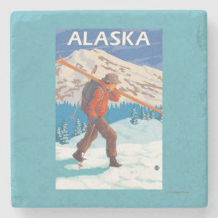 Skidar bärande snö för skieren vintage resor 3 stenunderlägg