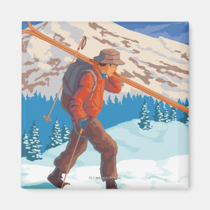 Skidar bärande snö för skieren vintage resor magnet