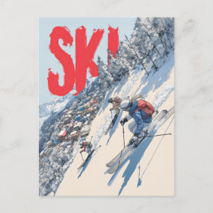 Skidäventyr på bergssluttning vykort