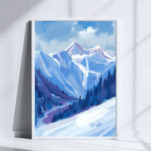 Skidbacke   Blått Vattenfärg Bergsområde Poster