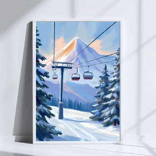 Skidlift   Berg Vinter Vattenfärg Skidåkning Poster