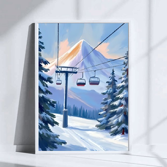 Skidlift | Berg Vinter Vattenfärg Skidåkning Poster (Skapare uppladdad)