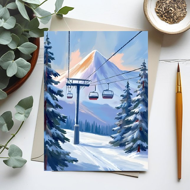 Skidlift | Berg Vinter Vattenfärg Skidåkning Vykort (Skapare uppladdad)