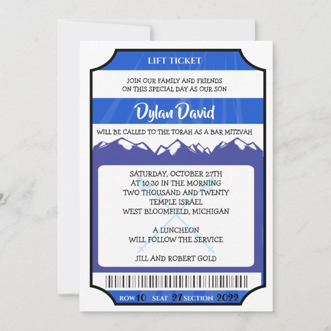 SKIDLIFT BILJETT Bar Bat Mitzvah Inbjudan (Framsida)