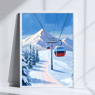 Skidlift Snöberg Gondol Vattenfärg Poster