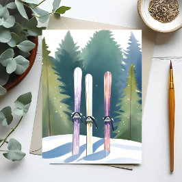 Skidor i snö | Vinter Skog Skidåkare Akvarell Vykort