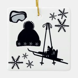 Skidor, mössa, skidglasögon & snöflingor julgransprydnad keramik