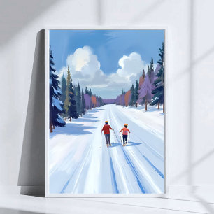 Skidspår   Bergsskidåkning Vattenfärg Vinter Poster
