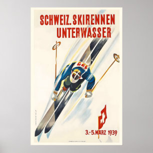 Skidtävlingar St. Gallen Schweiz Vintage skidåknin Poster
