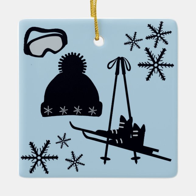 Skidutrustning & snöflingor julgransprydnad keramik (Framsida)
